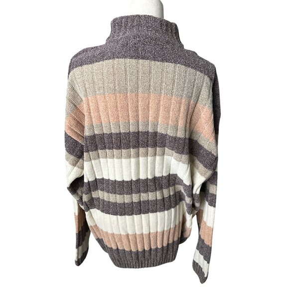 Akademiks Chenille Sweater Striped Brown Cream Mock Neck Acrylic Vintage XXL - Picture 4 of 5